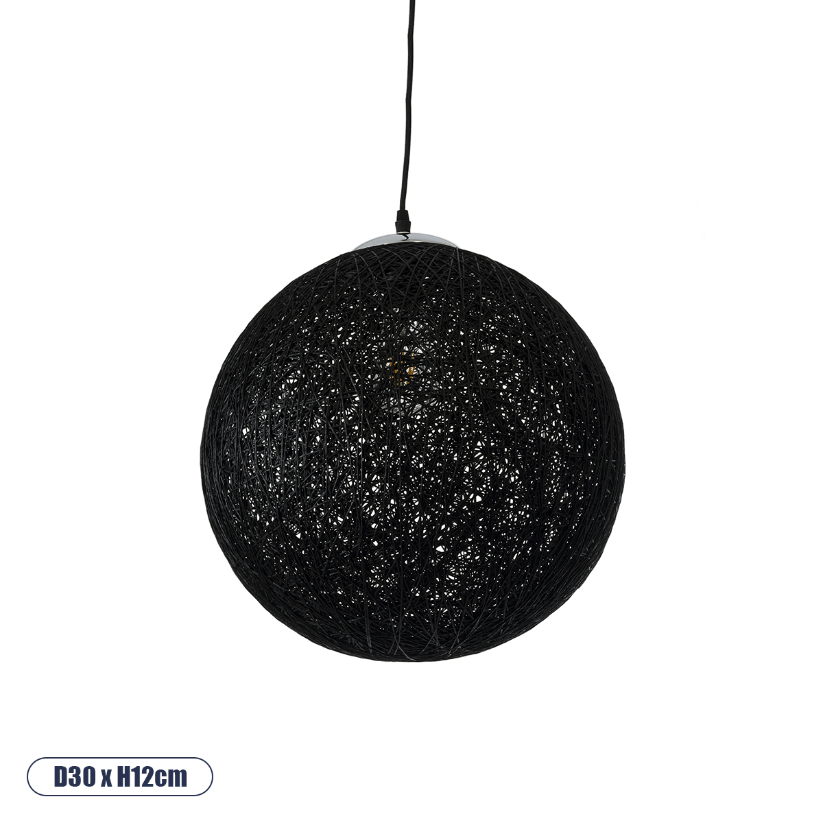 GloboStar® OCEANA 01360 Vintage Κρεμαστό Φωτιστικό Μπάλα Μονόφωτο 1 x E27 IP20 Μαύρο Σχοινί - Μ40 x Π40 x Υ40cm