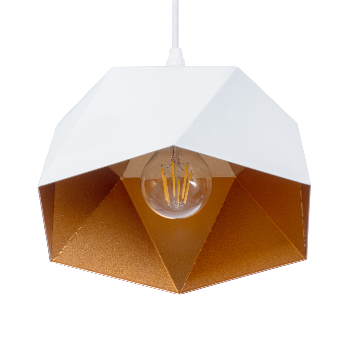 GloboStar® HEXAGON 01377 Μοντέρνο Κρεμαστό Φωτιστικό Καμπάνα Μονόφωτο 1 x E27 IP20 Λευκό & Χρυσό Μέταλλο - Μ21,5 x Π21,5 x Y15cm