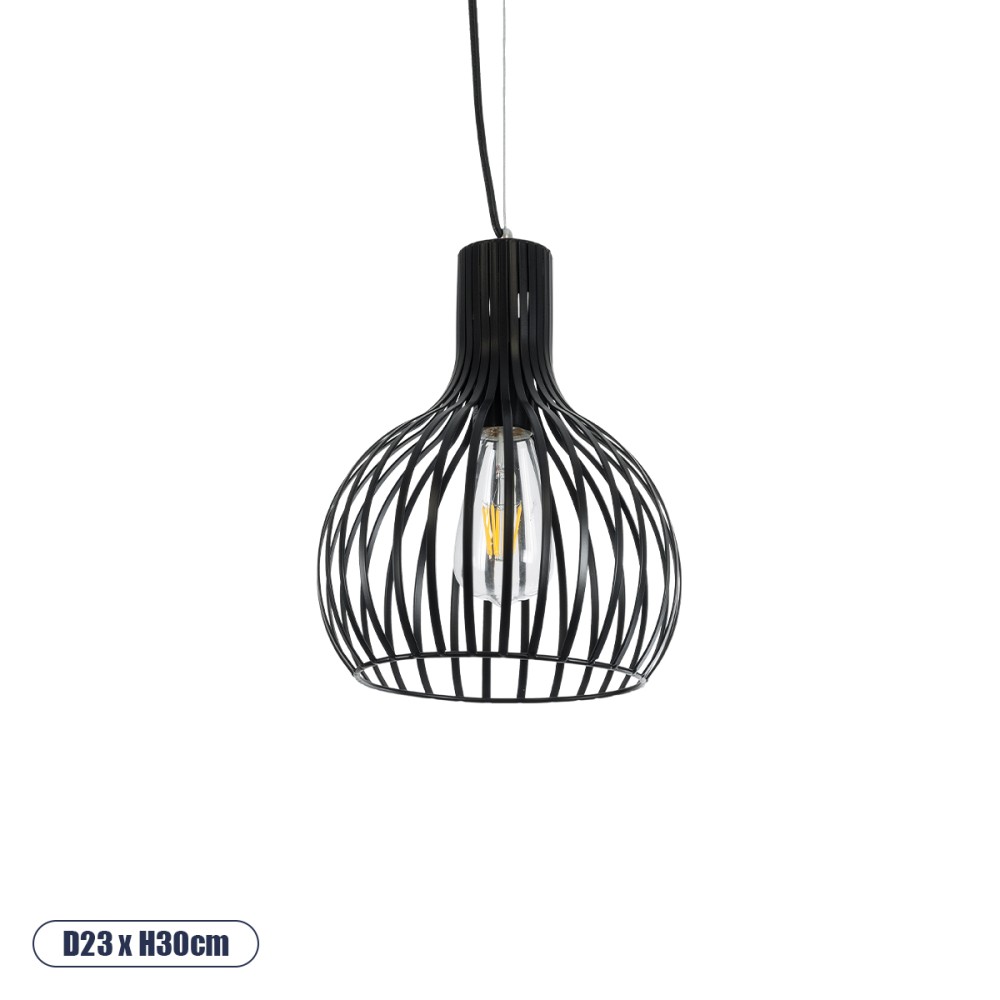 GloboStar® SCANDI 01386 Vintage Κρεμαστό Φωτιστικό Πλέγμα Μονόφωτο 1 x E27 IP20 Μαύρο Μέταλλο - Μ23 x Π23 x Υ30cm