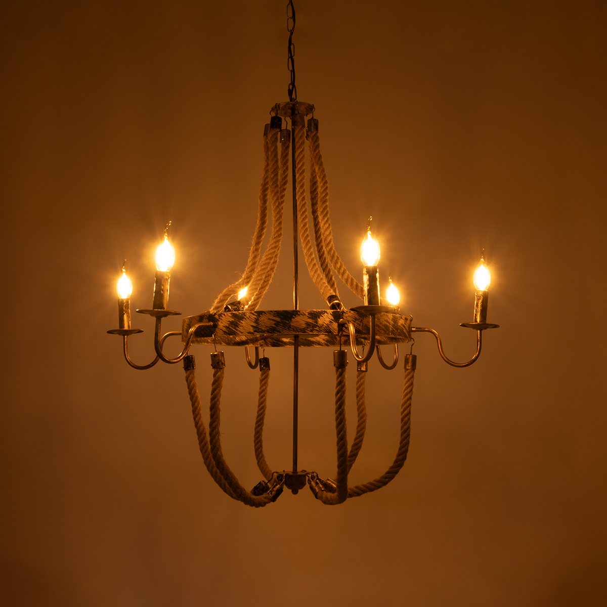 GloboStar® VICTORIAN 01404 Vintage Κρεμαστό Φωτιστικό Ανάρτηση Πολύφωτο 6 x E14 IP20 Χάλκινο Μέταλλο με Μπεζ Σχοινί - Μ85 x Π85 x Y85cm