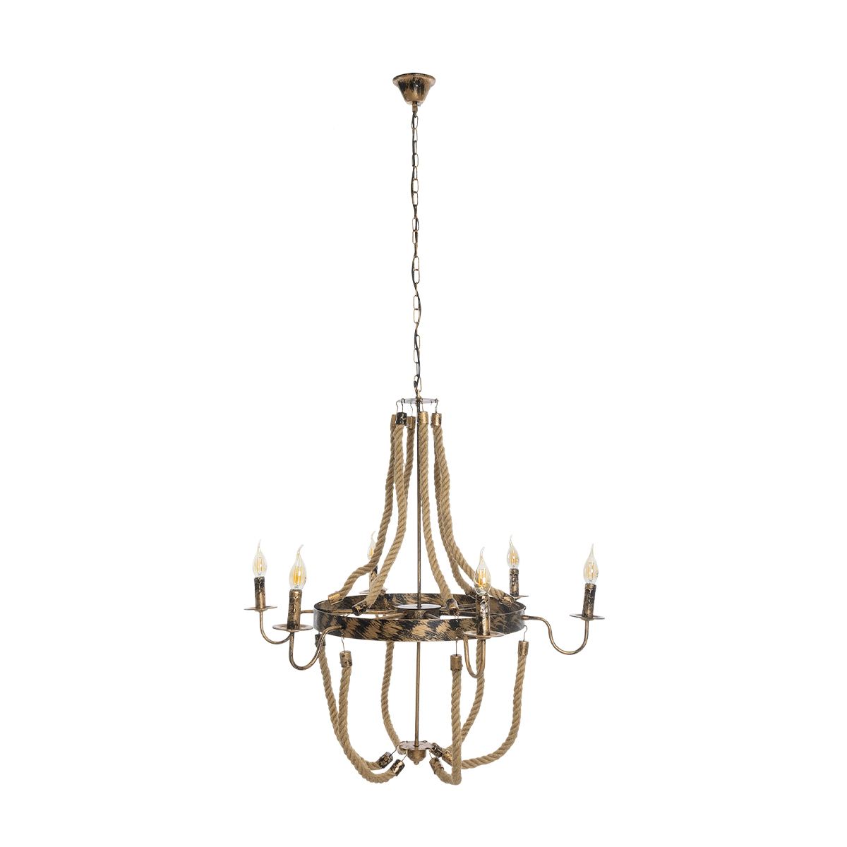 GloboStar® VICTORIAN 01404 Vintage Κρεμαστό Φωτιστικό Ανάρτηση Πολύφωτο 6 x E14 IP20 Χάλκινο Μέταλλο με Μπεζ Σχοινί - Μ85 x Π85 x Y85cm