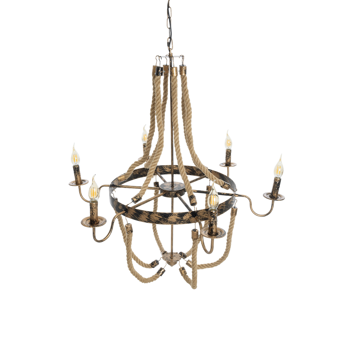 GloboStar® VICTORIAN 01404 Vintage Κρεμαστό Φωτιστικό Ανάρτηση Πολύφωτο 6 x E14 IP20 Χάλκινο Μέταλλο με Μπεζ Σχοινί - Μ85 x Π85 x Y85cm
