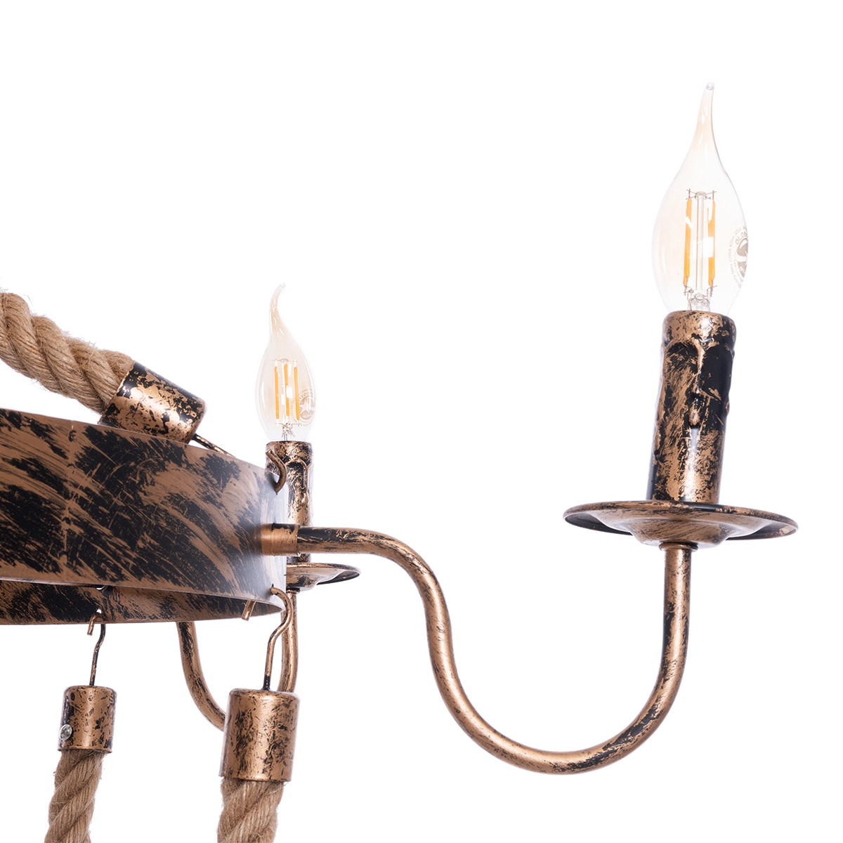 GloboStar® VICTORIAN 01404 Vintage Κρεμαστό Φωτιστικό Ανάρτηση Πολύφωτο 6 x E14 IP20 Χάλκινο Μέταλλο με Μπεζ Σχοινί - Μ85 x Π85 x Y85cm
