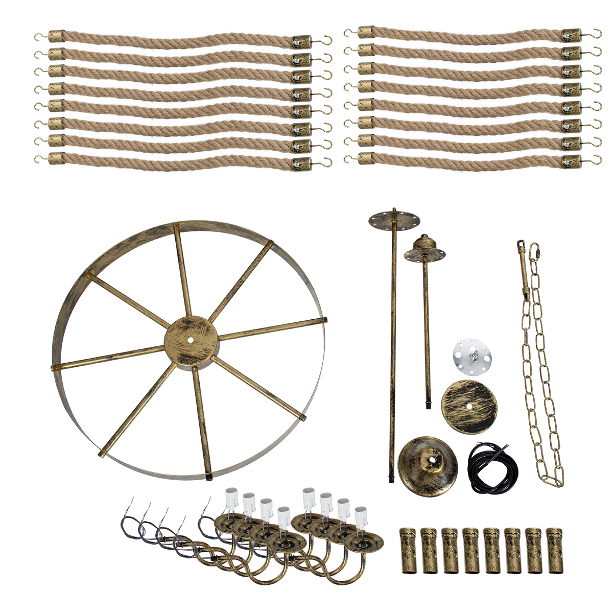 GloboStar® BAVARIAN 01405 Vintage Κρεμαστό Φωτιστικό Ανάρτηση Πολύφωτο 8 x E14 IP20 Μπρούτζινο Μέταλλο με Μπεζ Σχοινί - Μ87 x Π87 x Y80cm