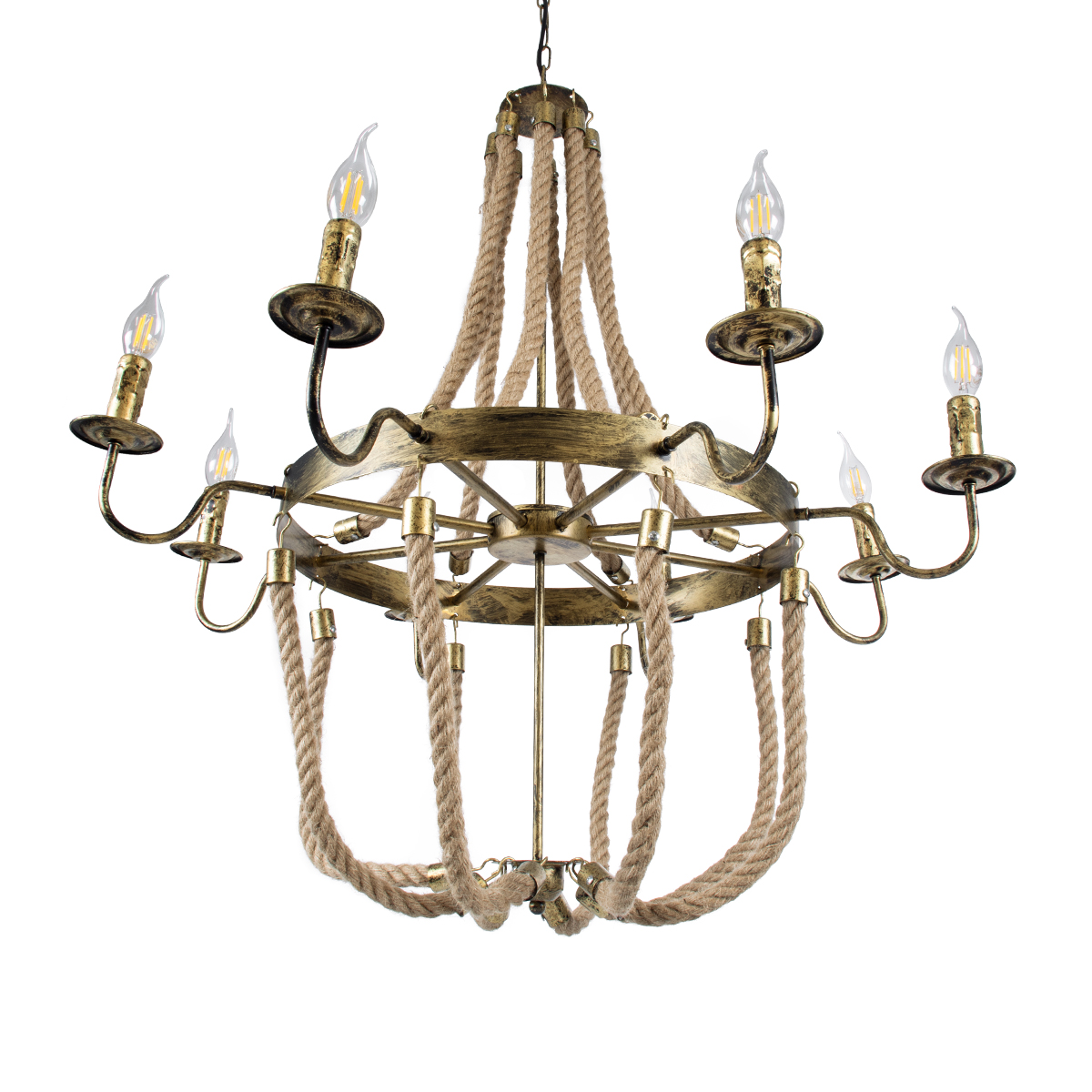 GloboStar® BAVARIAN 01405 Vintage Κρεμαστό Φωτιστικό Ανάρτηση Πολύφωτο 8 x E14 IP20 Μπρούτζινο Μέταλλο με Μπεζ Σχοινί - Μ87 x Π87 x Y80cm