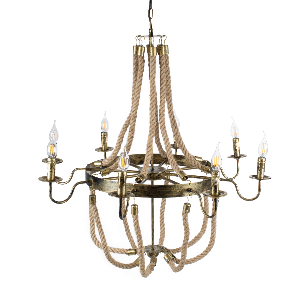 GloboStar® BAVARIAN 01405 Vintage Κρεμαστό Φωτιστικό Ανάρτηση Πολύφωτο 8 x E14 IP20 Μπρούτζινο Μέταλλο με Μπεζ Σχοινί - Μ87 x Π87 x Y80cm