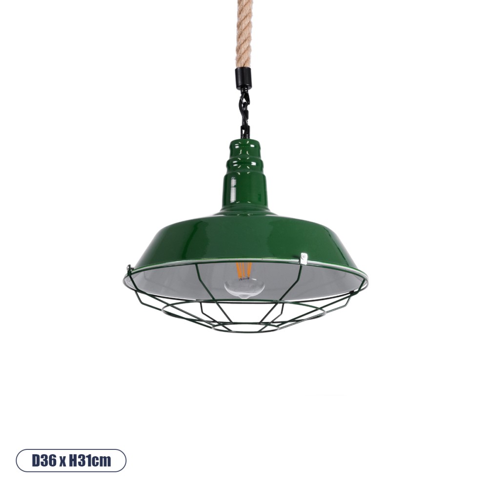 GloboStar® CRANE 01408 Vintage Κρεμαστό Φωτιστικό Μονόφωτο Καμπάνα 1 x E27 IP20 Πράσινο & Λευκό Μέταλλο με Μπεζ Σχοινί - Μ36 x Π36 x Y31cm