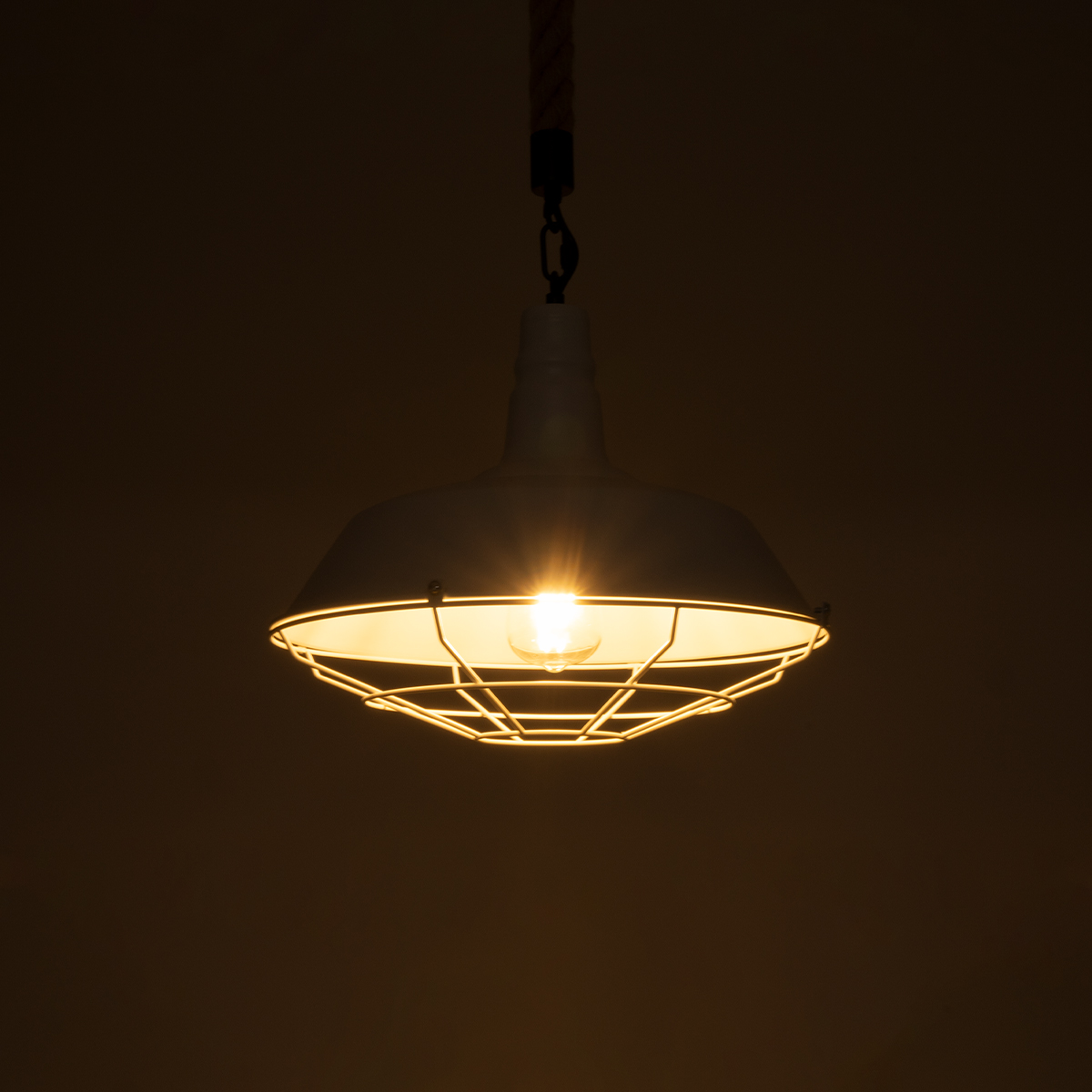 GloboStar® CRANE 01409 Vintage Κρεμαστό Φωτιστικό Μονόφωτο Καμπάνα 1 x E27 IP20 Λευκό Μεταλλο με Μπεζ Σχοινί - Μ36 x Π36 x Y31cm