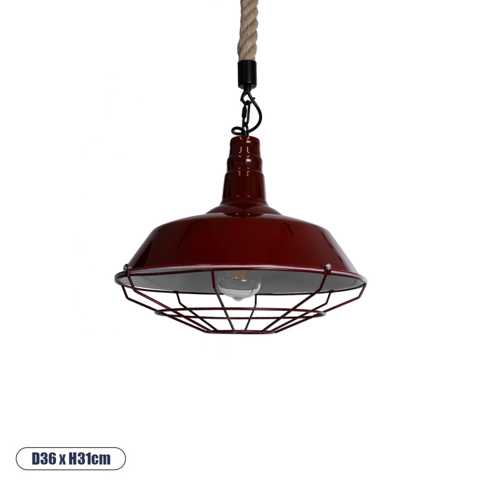 GloboStar® CRANE 01410 Vintage Κρεμαστό Φωτιστικό Μονόφωτο Καμπάνα 1 x E27 IP20 Μπορντό Κόκκινο & Λευκό Μεταλλο με Μπεζ Σχοινί - Μ36 x Π36 x Y31cm