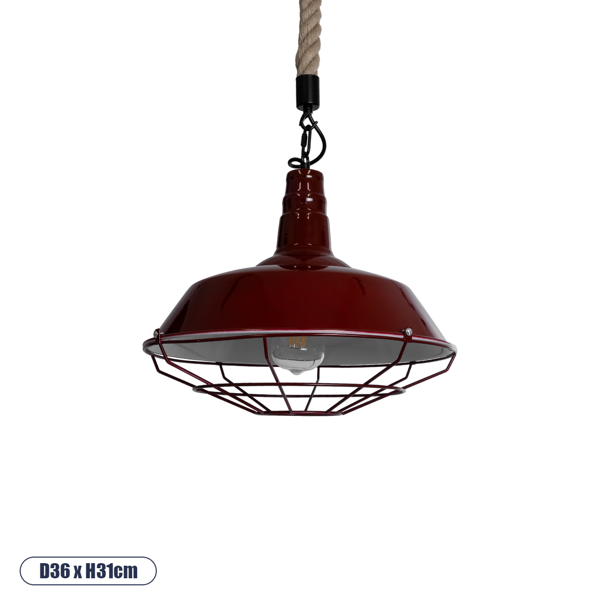 GloboStar® CRANE 01410 Vintage Κρεμαστό Φωτιστικό Μονόφωτο Καμπάνα 1 x E27 IP20 Μπορντό Κόκκινο & Λευκό Μεταλλο με Μπεζ Σχοινί - Μ36 x Π36 x Y31cm