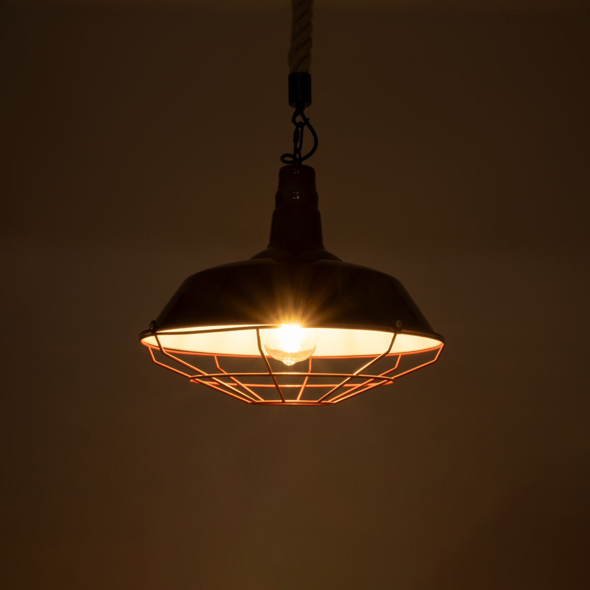 GloboStar® CRANE 01410 Vintage Κρεμαστό Φωτιστικό Μονόφωτο Καμπάνα 1 x E27 IP20 Μπορντό Κόκκινο & Λευκό Μεταλλο με Μπεζ Σχοινί - Μ36 x Π36 x Y31cm