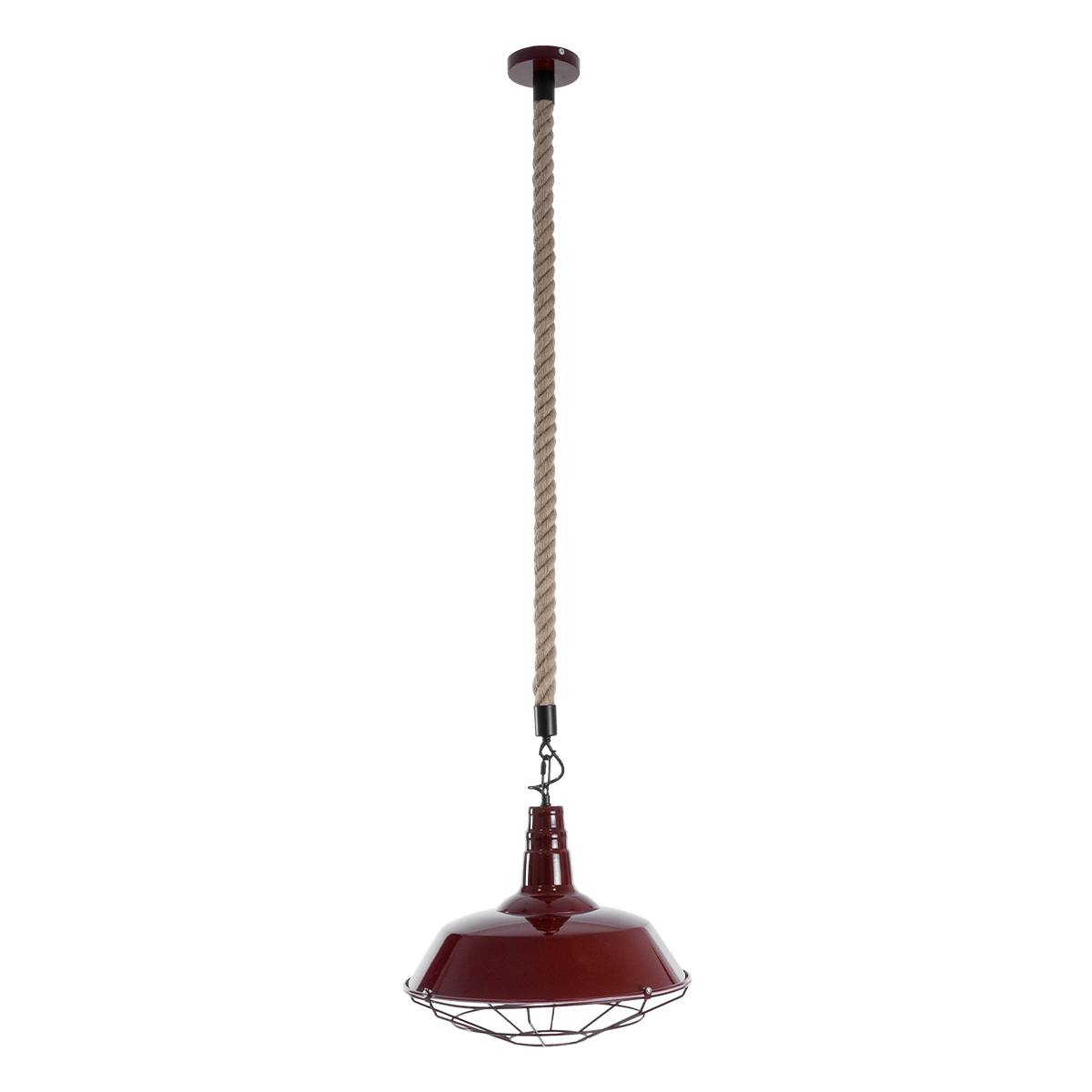 GloboStar® CRANE 01410 Vintage Κρεμαστό Φωτιστικό Μονόφωτο Καμπάνα 1 x E27 IP20 Μπορντό Κόκκινο & Λευκό Μεταλλο με Μπεζ Σχοινί - Μ36 x Π36 x Y31cm