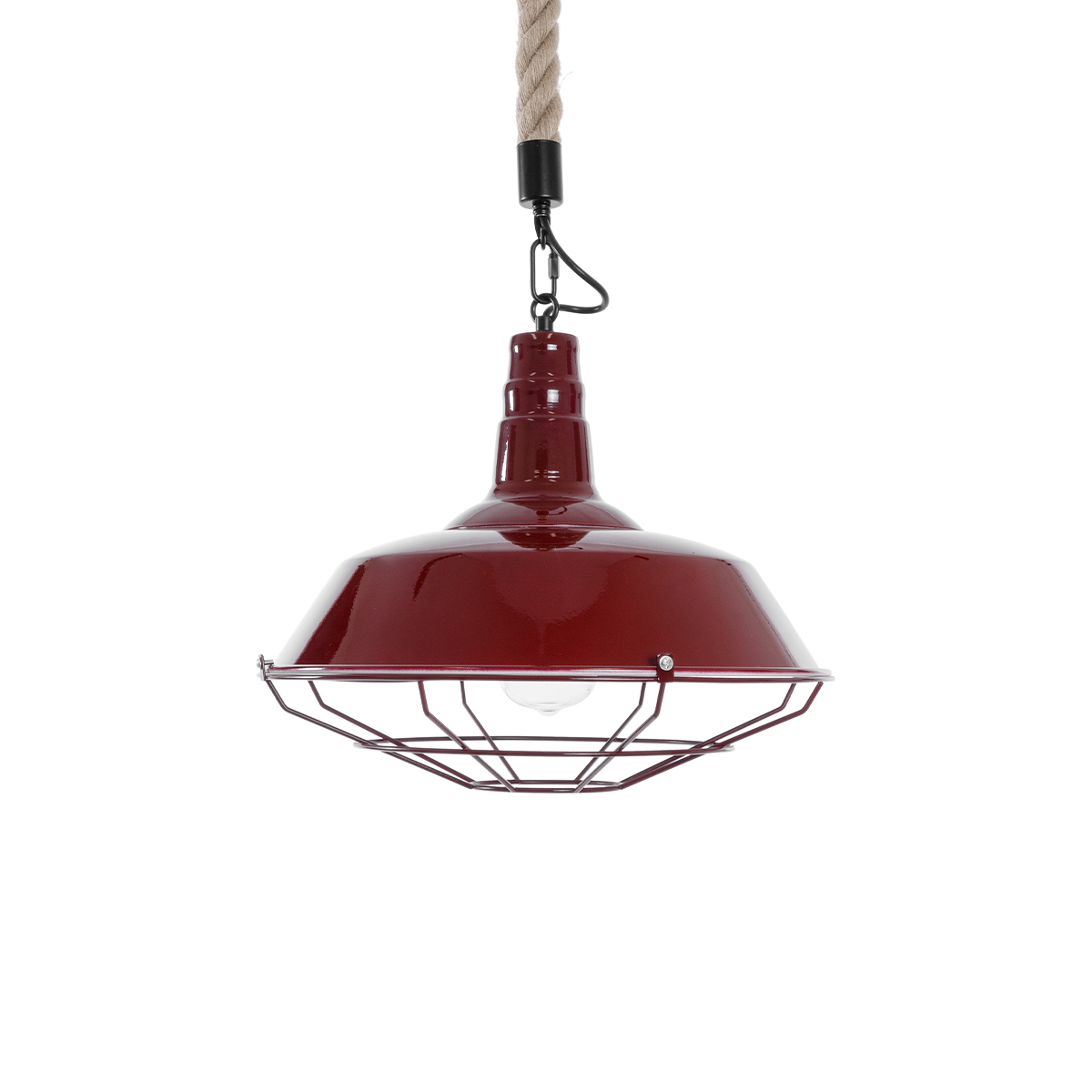 GloboStar® CRANE 01410 Vintage Κρεμαστό Φωτιστικό Μονόφωτο Καμπάνα 1 x E27 IP20 Μπορντό Κόκκινο & Λευκό Μεταλλο με Μπεζ Σχοινί - Μ36 x Π36 x Y31cm