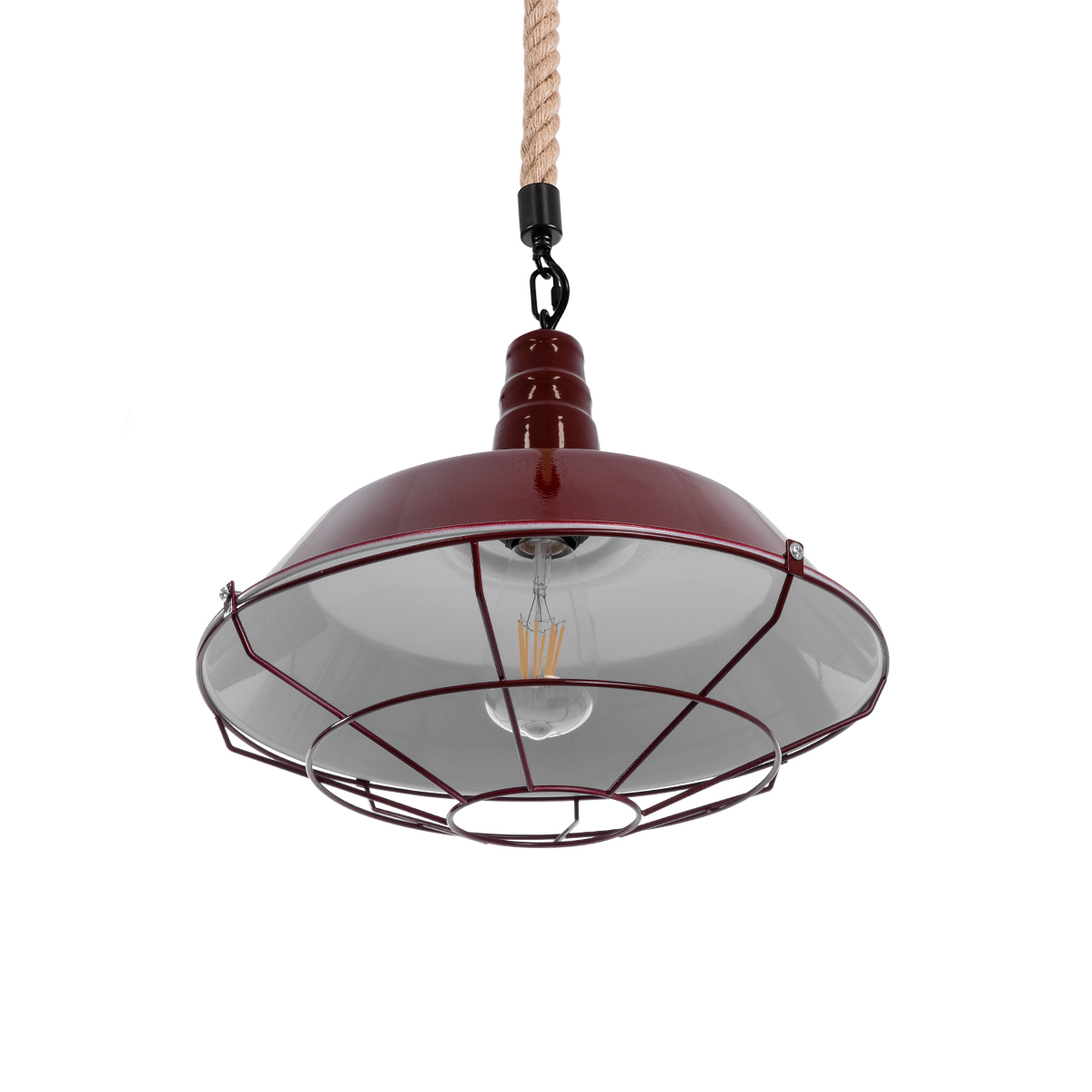 GloboStar® CRANE 01410 Vintage Κρεμαστό Φωτιστικό Μονόφωτο Καμπάνα 1 x E27 IP20 Μπορντό Κόκκινο & Λευκό Μεταλλο με Μπεζ Σχοινί - Μ36 x Π36 x Y31cm