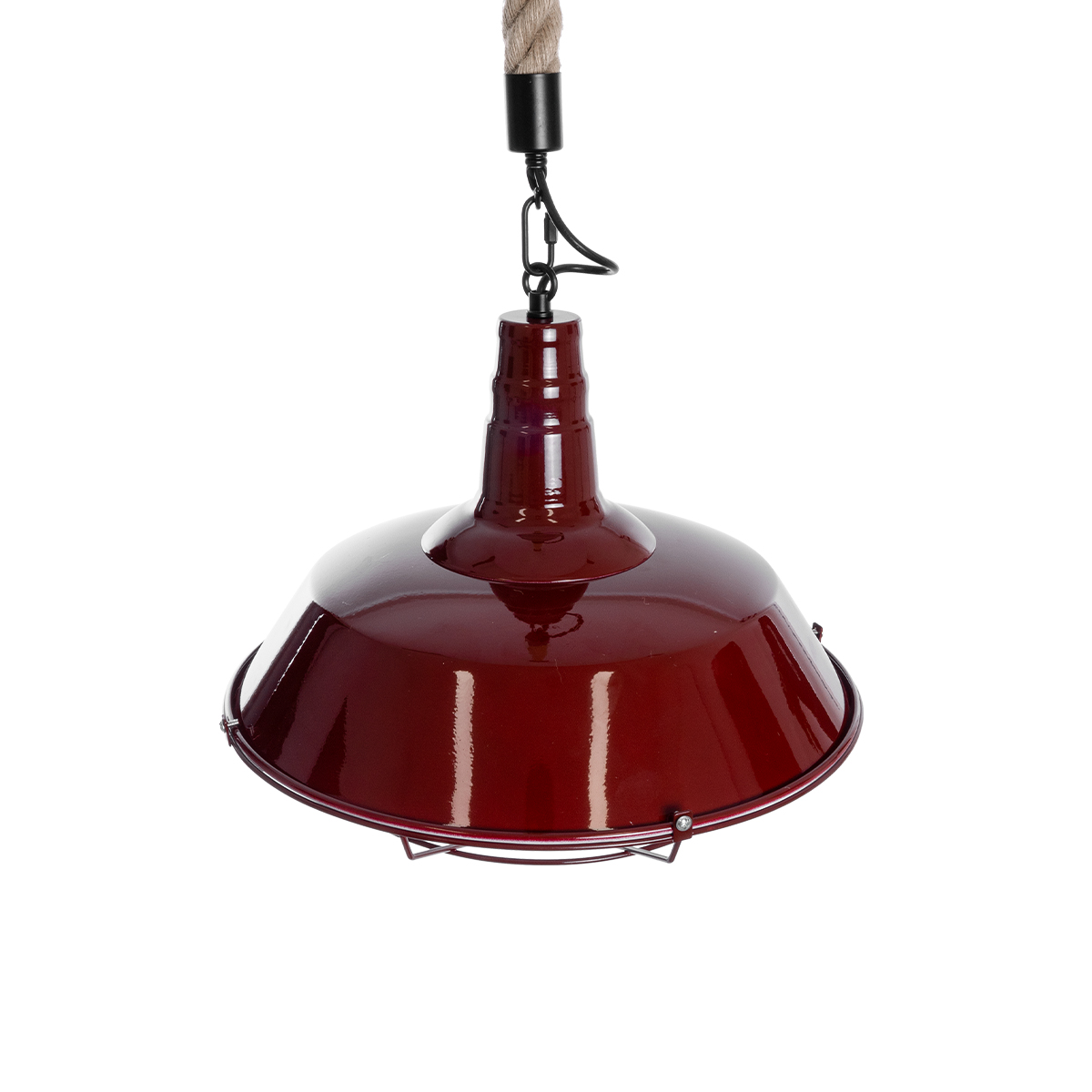 GloboStar® CRANE 01410 Vintage Κρεμαστό Φωτιστικό Μονόφωτο Καμπάνα 1 x E27 IP20 Μπορντό Κόκκινο & Λευκό Μεταλλο με Μπεζ Σχοινί - Μ36 x Π36 x Y31cm
