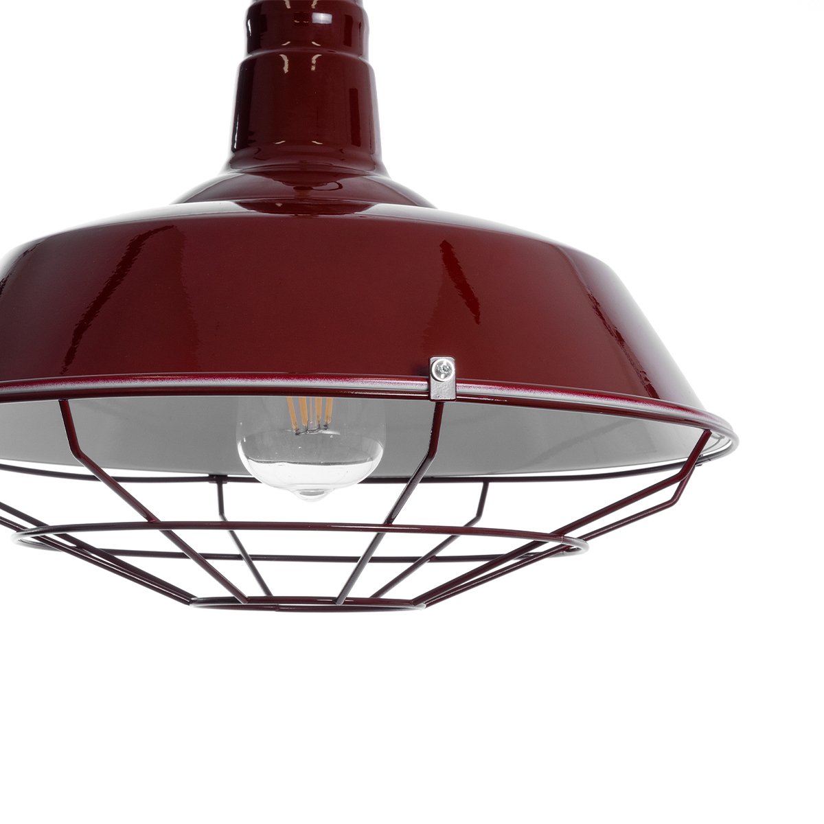 GloboStar® CRANE 01410 Vintage Κρεμαστό Φωτιστικό Μονόφωτο Καμπάνα 1 x E27 IP20 Μπορντό Κόκκινο & Λευκό Μεταλλο με Μπεζ Σχοινί - Μ36 x Π36 x Y31cm