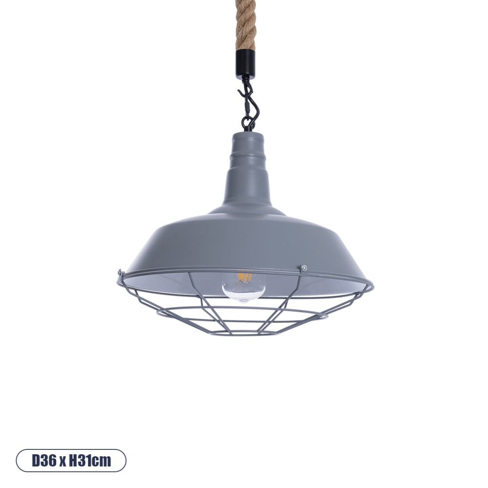 GloboStar® CRANE 01411 Vintage Κρεμαστό Φωτιστικό Μονόφωτο Καμπάνα 1 x E27 IP20 Γκρι & Λευκό Μέταλλο με Μπεζ Σχοινί - Μ36 x Π36 x Y31cm