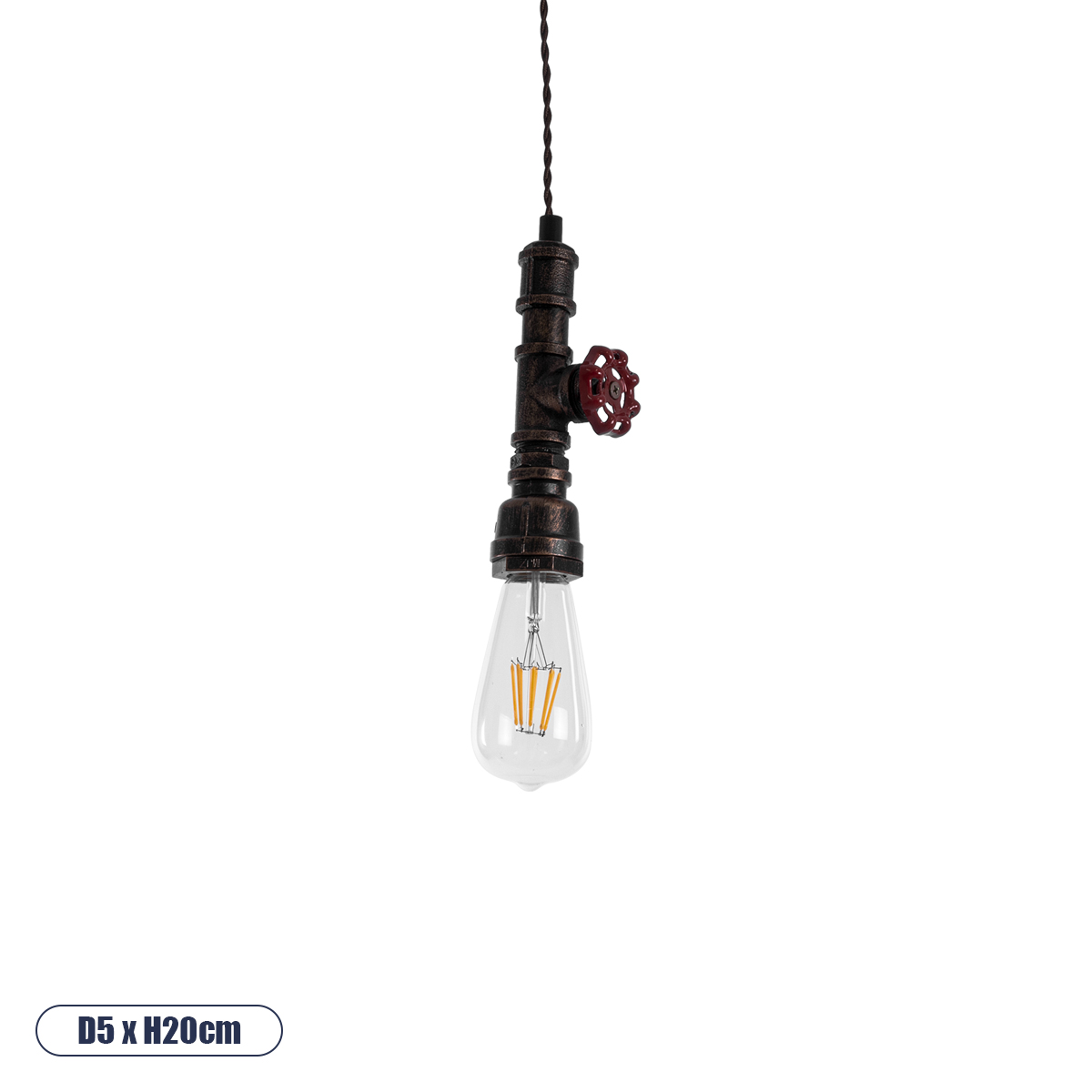 GloboStar® SPIGOT 01414 Vintage Κρεμαστό Φωτιστικό Ανάρτηση Μονόφωτο 1 x E27 IP20 Καφέ & Κόκκινο Μέταλλο - Μ5 x Π5 x Y20cm