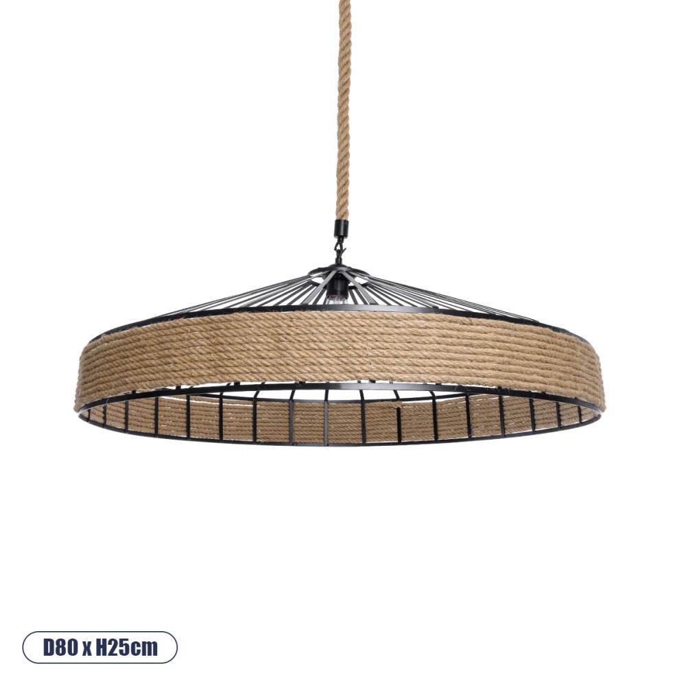 GloboStar® SAHARA 01416 Moντέρνο Κρεμαστό Φωτιστικό Καπέλο Μονόφωτο 1 x E27 IP20 Μαύρο Μέταλλο με Μπεζ Σχοινί - Μ80 x Π80 x Y25cm
