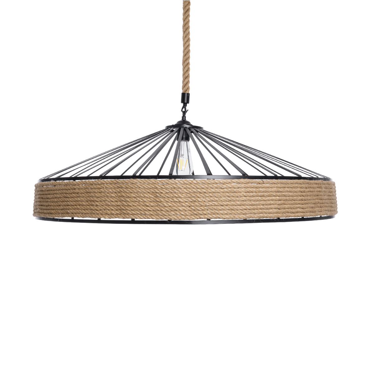 GloboStar® SAHARA 01416 Moντέρνο Κρεμαστό Φωτιστικό Καπέλο Μονόφωτο 1 x E27 IP20 Μαύρο Μέταλλο με Μπεζ Σχοινί - Μ80 x Π80 x Y25cm