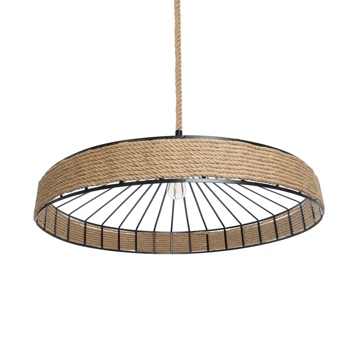 GloboStar® SAHARA 01416 Moντέρνο Κρεμαστό Φωτιστικό Καπέλο Μονόφωτο 1 x E27 IP20 Μαύρο Μέταλλο με Μπεζ Σχοινί - Μ80 x Π80 x Y25cm