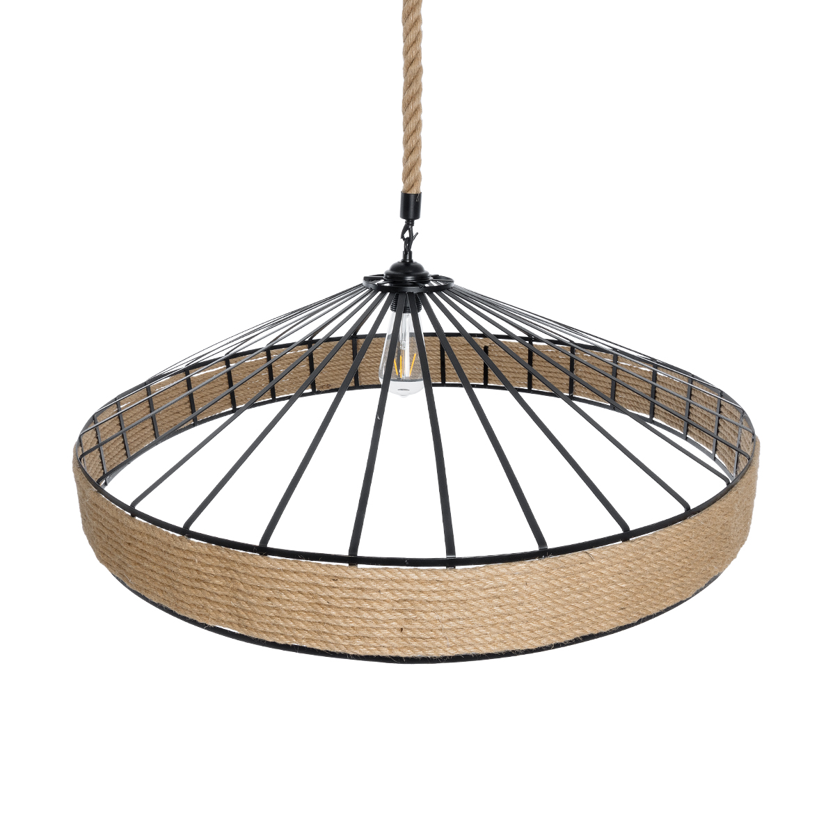 GloboStar® SAHARA 01416 Moντέρνο Κρεμαστό Φωτιστικό Καπέλο Μονόφωτο 1 x E27 IP20 Μαύρο Μέταλλο με Μπεζ Σχοινί - Μ80 x Π80 x Y25cm