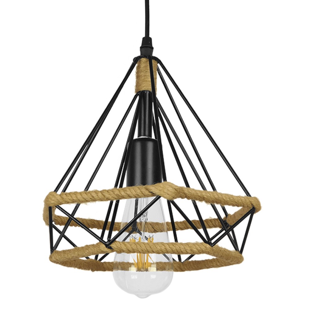 GloboStar® FLUTED 01421 Vintage Κρεμαστό Φωτιστικό Πλέγμα Μονόφωτο 1 x E27 IP20 Μαύρο Μέταλλο με Μπεζ Σχοινί - Μ25 x Π25 x Y24cm