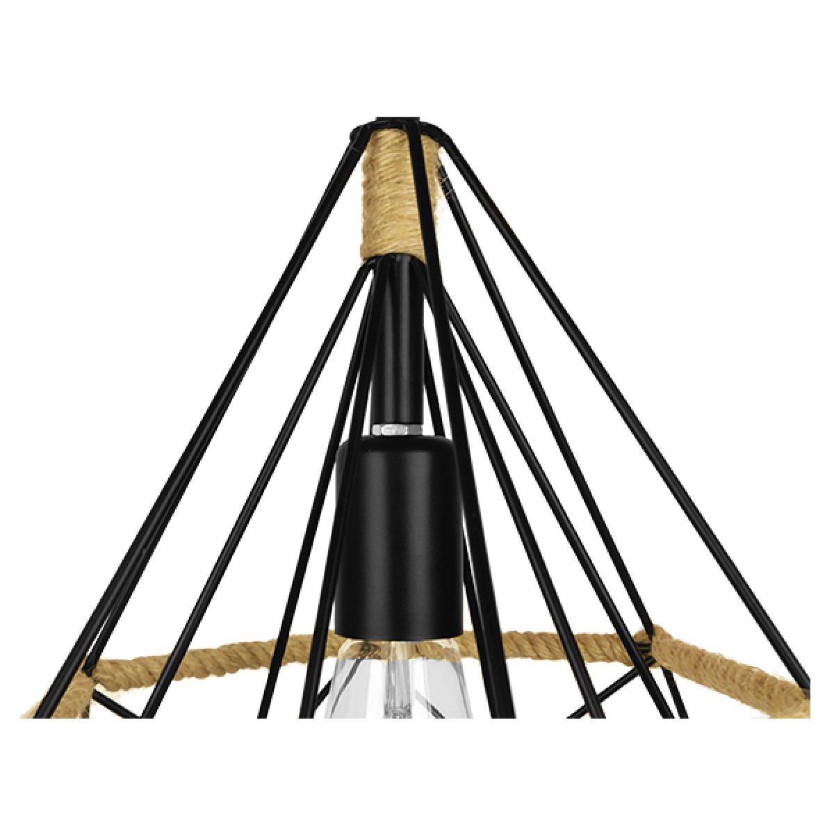 GloboStar® FLUTED 01421 Vintage Κρεμαστό Φωτιστικό Πλέγμα Μονόφωτο 1 x E27 IP20 Μαύρο Μέταλλο με Μπεζ Σχοινί - Μ25 x Π25 x Y24cm