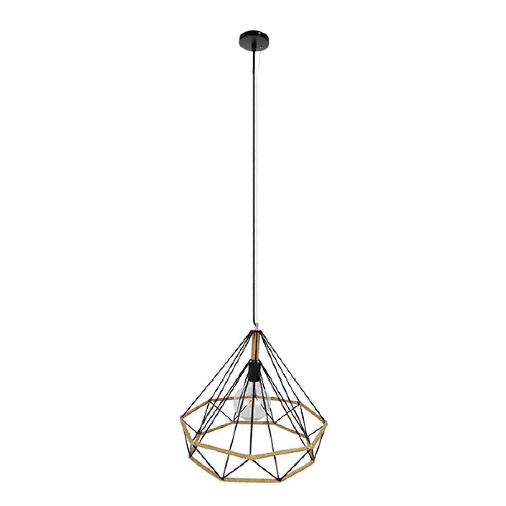 GloboStar® FLUTED 01422 Vintage Κρεμαστό Φωτιστικό Πλέγμα Μονόφωτο 1 x E27 IP20 Μαύρο Μέταλλο με Μπεζ Σχοινί - Μ50 x Π50 x Y44cm