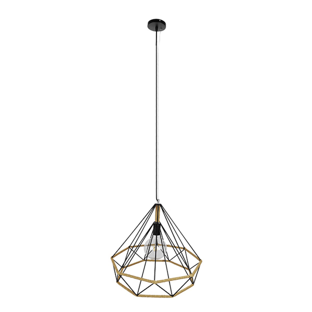 GloboStar® FLUTED 01422 Vintage Κρεμαστό Φωτιστικό Πλέγμα Μονόφωτο 1 x E27 IP20 Μαύρο Μέταλλο με Μπεζ Σχοινί - Μ50 x Π50 x Y44cm