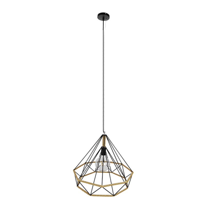 GloboStar® FLUTED 01422 Vintage Κρεμαστό Φωτιστικό Πλέγμα Μονόφωτο 1 x E27 IP20 Μαύρο Μέταλλο με Μπεζ Σχοινί - Μ50 x Π50 x Y44cm