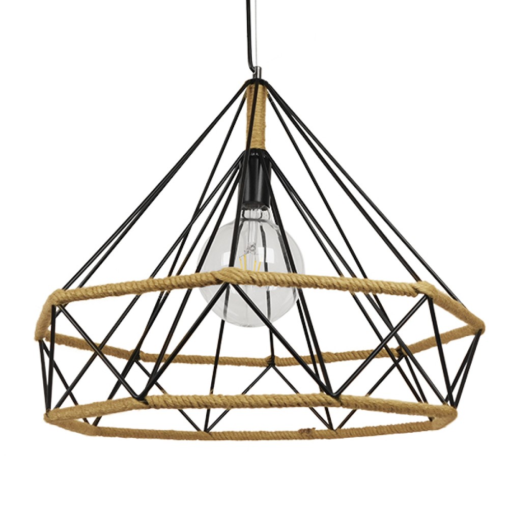 GloboStar® FLUTED 01422 Vintage Κρεμαστό Φωτιστικό Πλέγμα Μονόφωτο 1 x E27 IP20 Μαύρο Μέταλλο με Μπεζ Σχοινί - Μ50 x Π50 x Y44cm