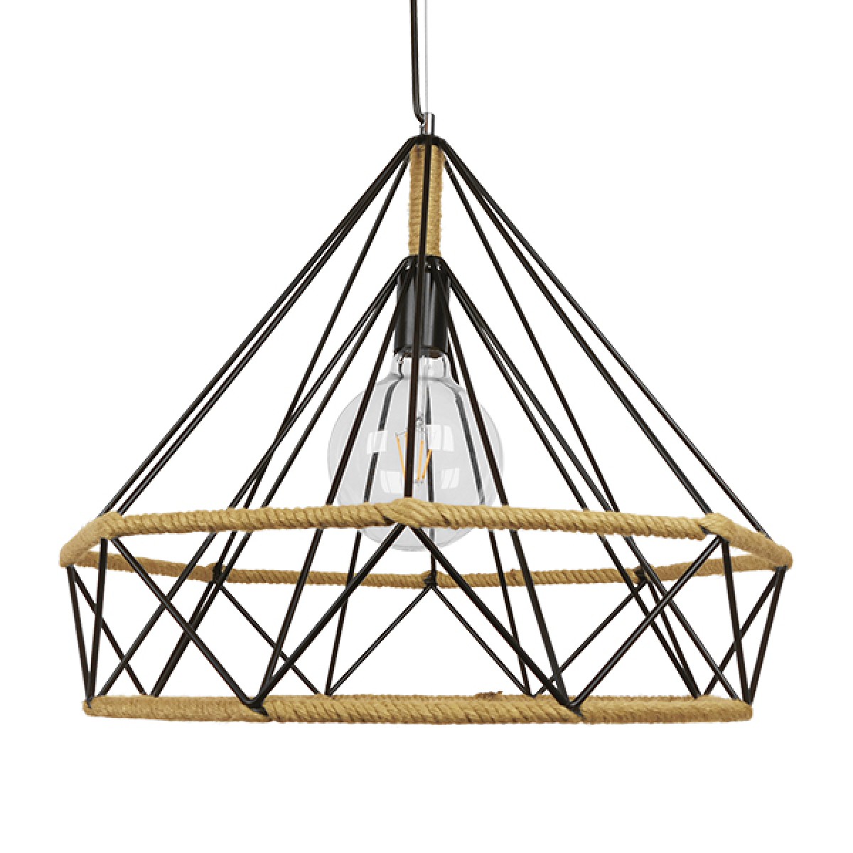 GloboStar® FLUTED 01422 Vintage Κρεμαστό Φωτιστικό Πλέγμα Μονόφωτο 1 x E27 IP20 Μαύρο Μέταλλο με Μπεζ Σχοινί - Μ50 x Π50 x Y44cm