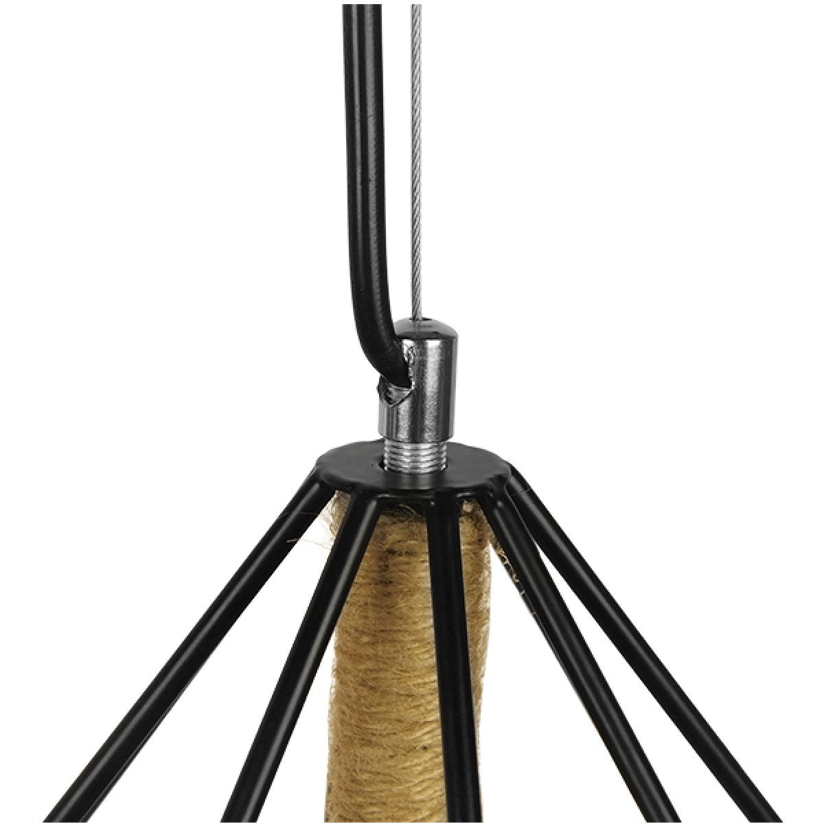 GloboStar® FLUTED 01422 Vintage Κρεμαστό Φωτιστικό Πλέγμα Μονόφωτο 1 x E27 IP20 Μαύρο Μέταλλο με Μπεζ Σχοινί - Μ50 x Π50 x Y44cm