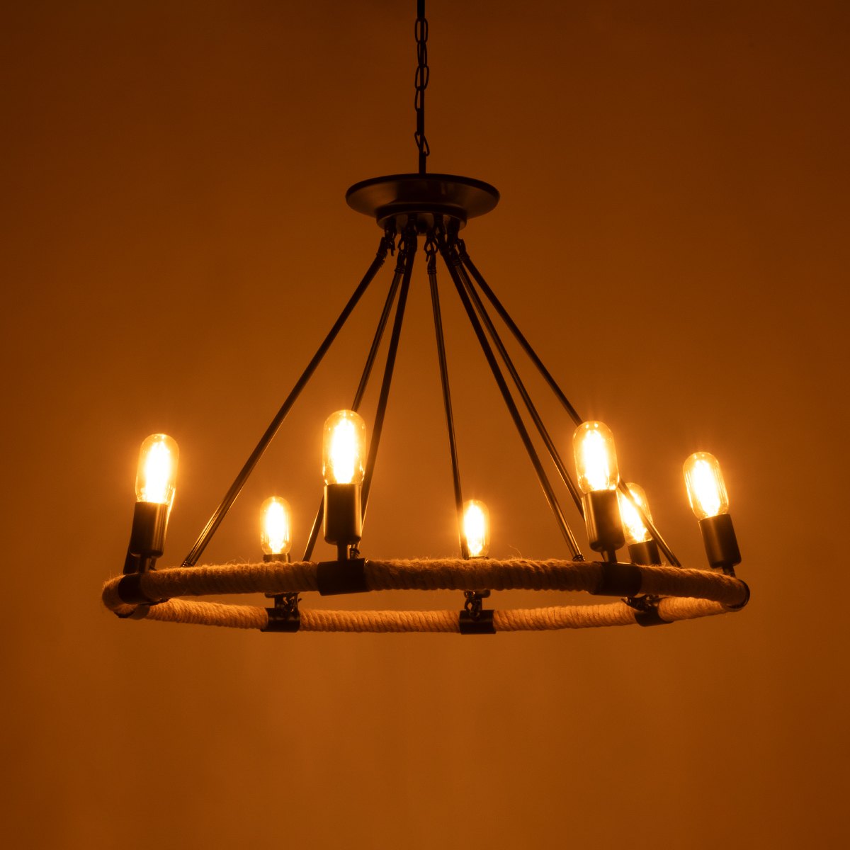 GloboStar® MILLBANK 01423 Vintage Κρεμαστό Φωτιστικό Πλέγμα Πολύφωτο 8 x E27 IP20 Μαύρο Μέταλλο με Μπεζ Σχοινί - Μ80 x Π80 x Y54cm
