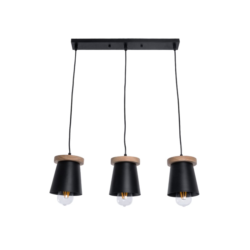 GloboStar® LANA 01425 Μοντέρνο Κρεμαστό Φωτιστικό Ράγα Τρίφωτο 3 x E27 IP20 Μαύρο Μέταλλο με Καφέ Ξύλο - Μ60 x Π13 x Υ18cm