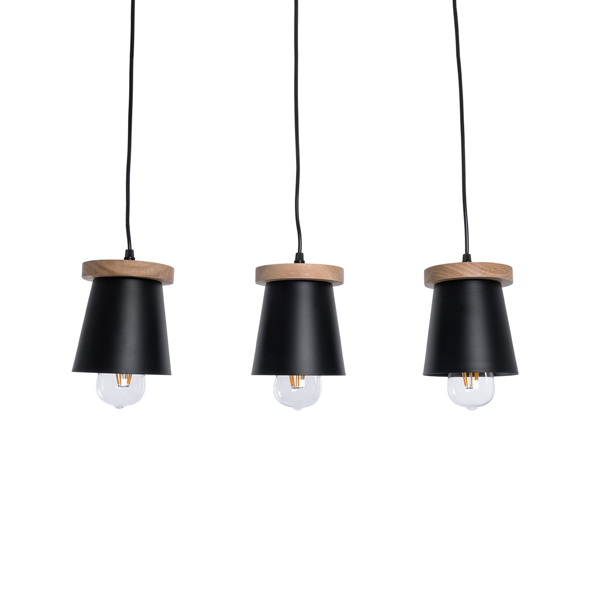 GloboStar® LANA 01425 Μοντέρνο Κρεμαστό Φωτιστικό Κύλινδρος Τρίφωτο 3 x E27 IP20 Μαύρο Μέταλλο με Καρυδί Ξύλο - Μ60 x Π13 x Υ18cm
