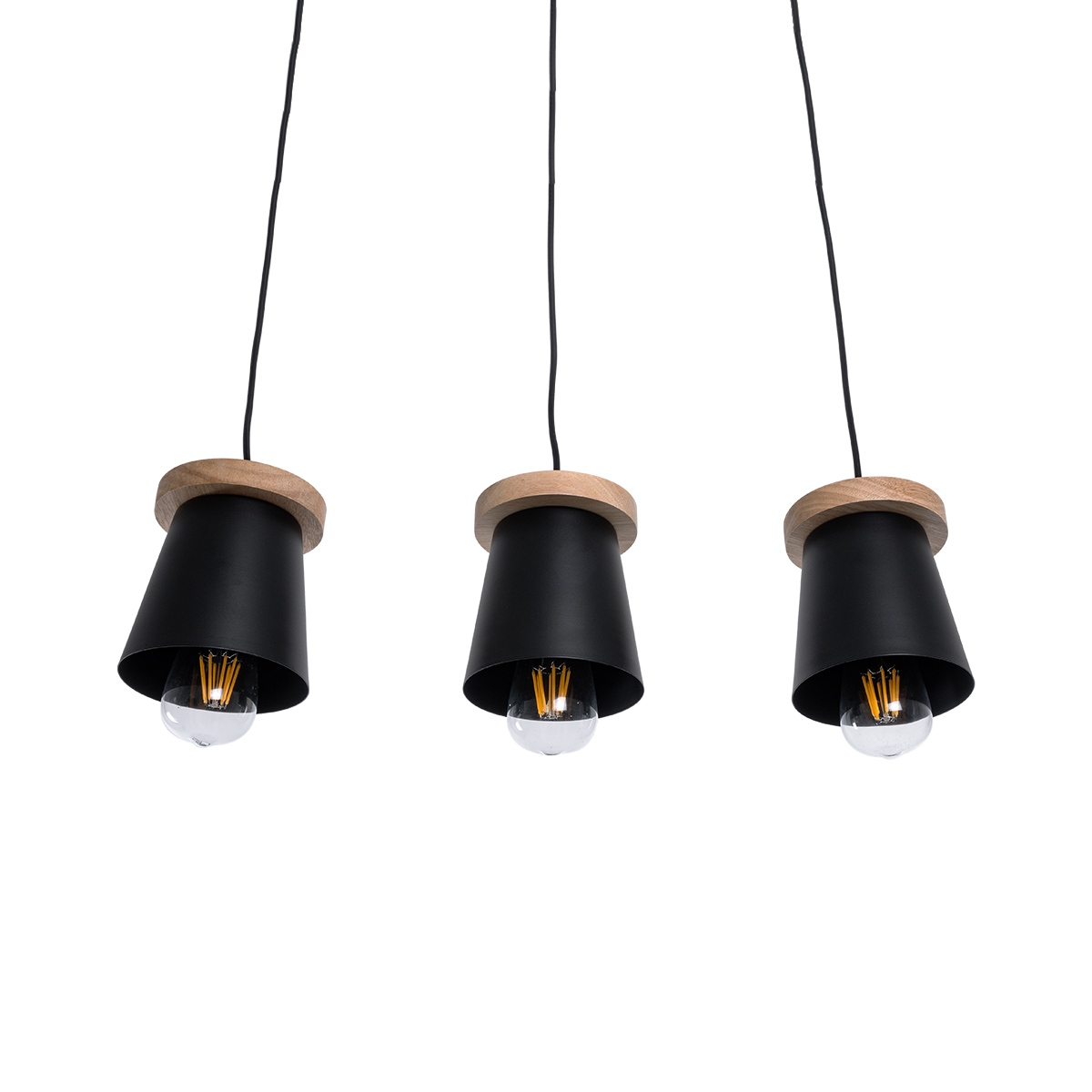 GloboStar® LANA 01425 Μοντέρνο Κρεμαστό Φωτιστικό Κύλινδρος Τρίφωτο 3 x E27 IP20 Μαύρο Μέταλλο με Καρυδί Ξύλο - Μ60 x Π13 x Υ18cm