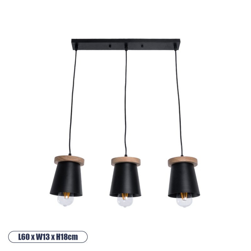 GloboStar® LANA 01425 Μοντέρνο Κρεμαστό Φωτιστικό Ράγα Τρίφωτο 3 x E27 IP20 Μαύρο Μέταλλο με Καφέ Ξύλο - Μ60 x Π13 x Υ18cm