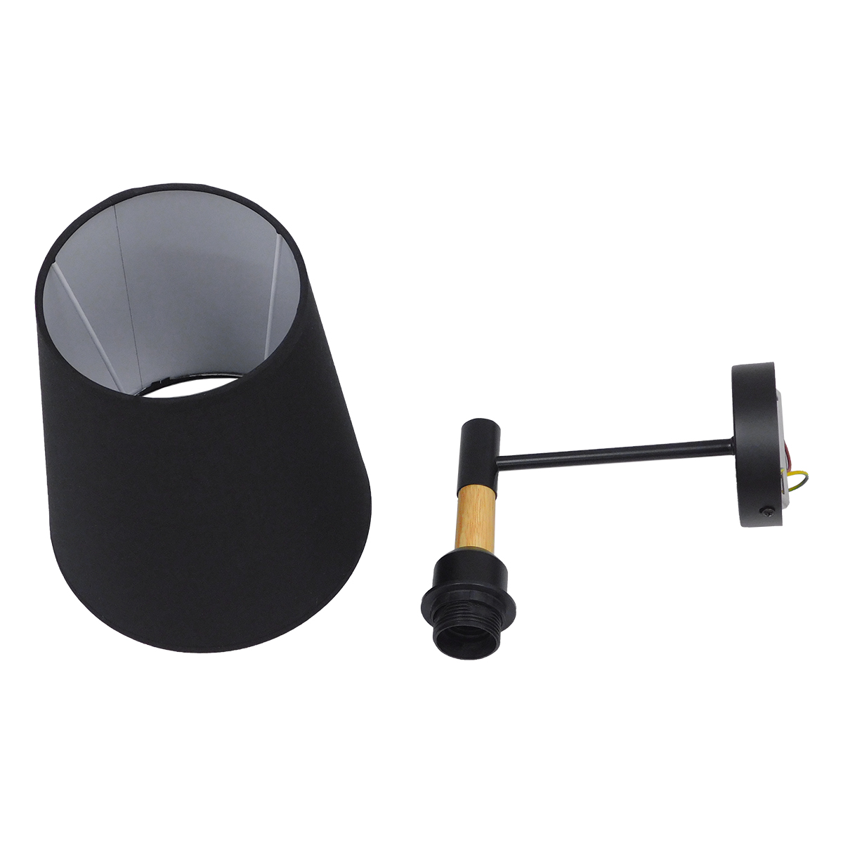 GloboStar® LYDFORD 01432 Μοντέρνο Επιτοίχιο Φωτιστικό Απλίκα Μονόφωτο 1 x E27 IP20 Μαύρο Ύφασμα, Μαύρο Μέταλλο με Μπέζ Ξύλο - Μ20 x Π28 x Υ36cm