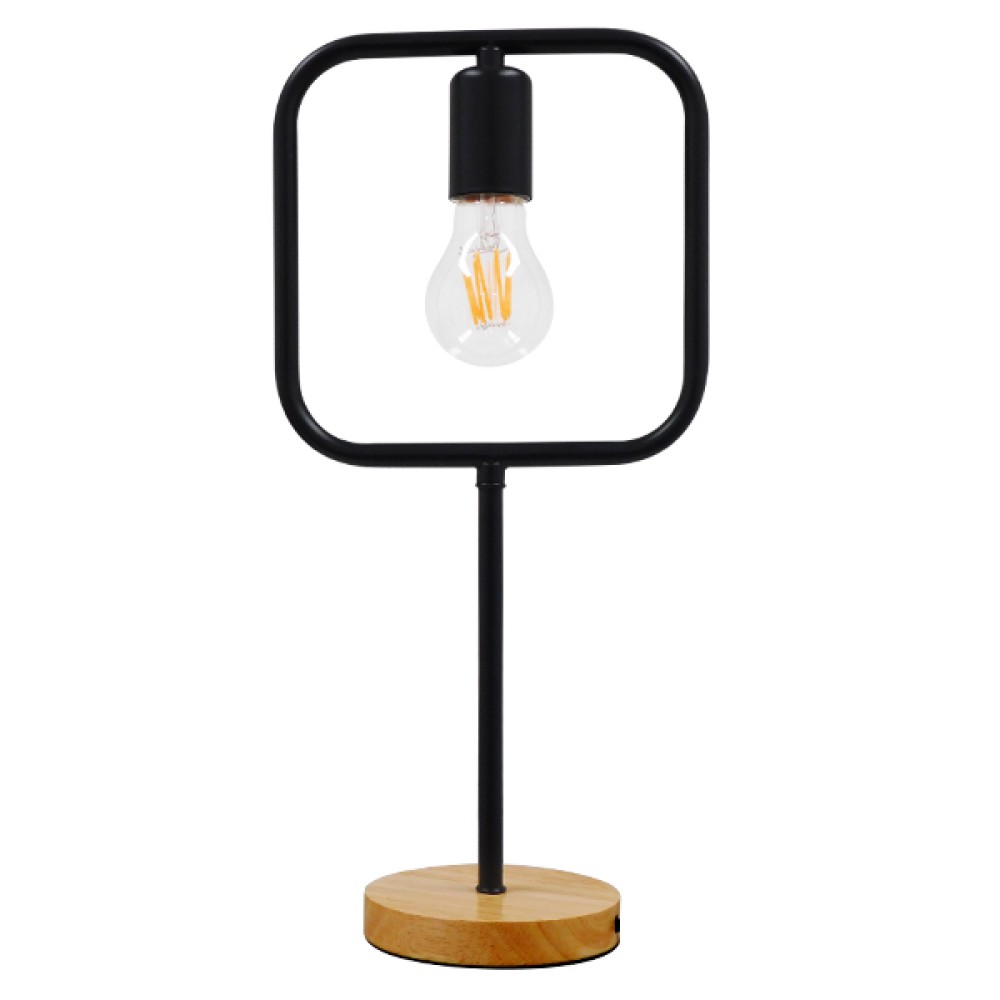 GloboStar® HONOR SQUARE 01435 Μοντέρνο Επιτραπέζιο Φωτιστικό Πορτατίφ Μονόφωτο 1 x E27 IP20 Μαύρο Μέταλλο με Μπεζ Ξύλο - Μ20 x Π20 x Υ42cm