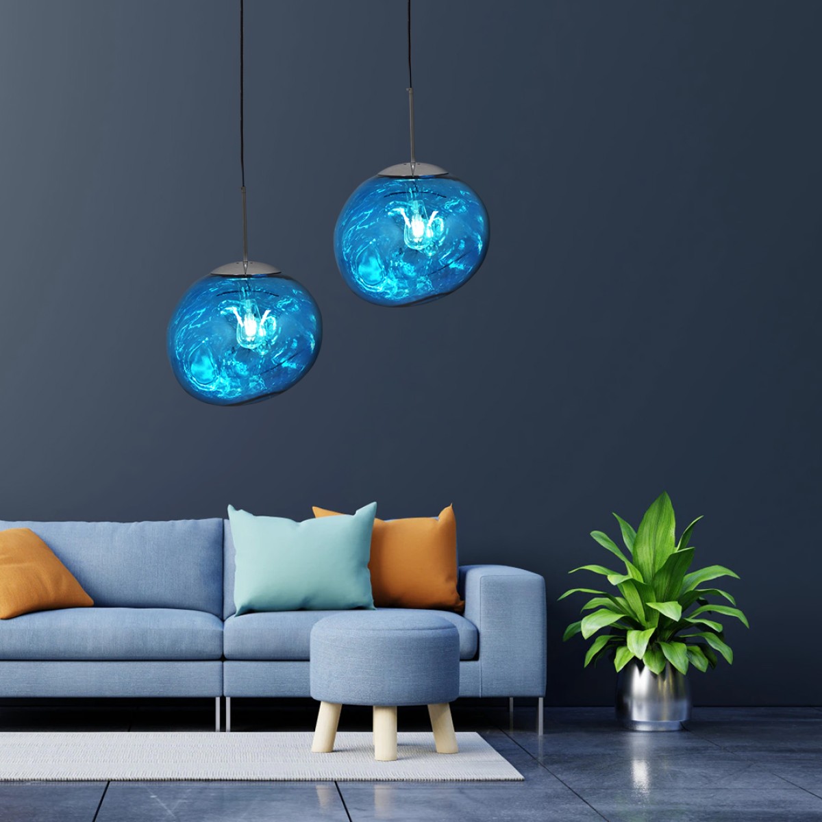GloboStar® DIXAR 01467 Μοντέρνο Κρεμαστό Φωτιστικό Μπάλα Μονόφωτο 1 x E27 IP20 Μπλε Γυαλί - Μ36 x Π36 x Υ45cm