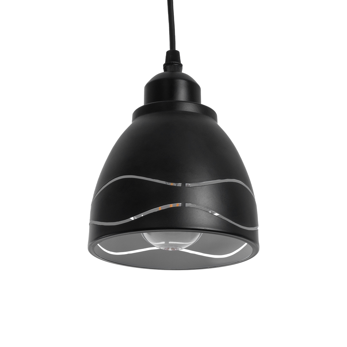 GloboStar® COOLIE 01477 Μοντέρνο Κρεμαστό Φωτιστικό Μονόφωτο Καμπάνα 1 x E27 IP20 Μαύρο & Ασημί Μέταλλο - Μ12.5 x Π12.5 x Υ11.5cm