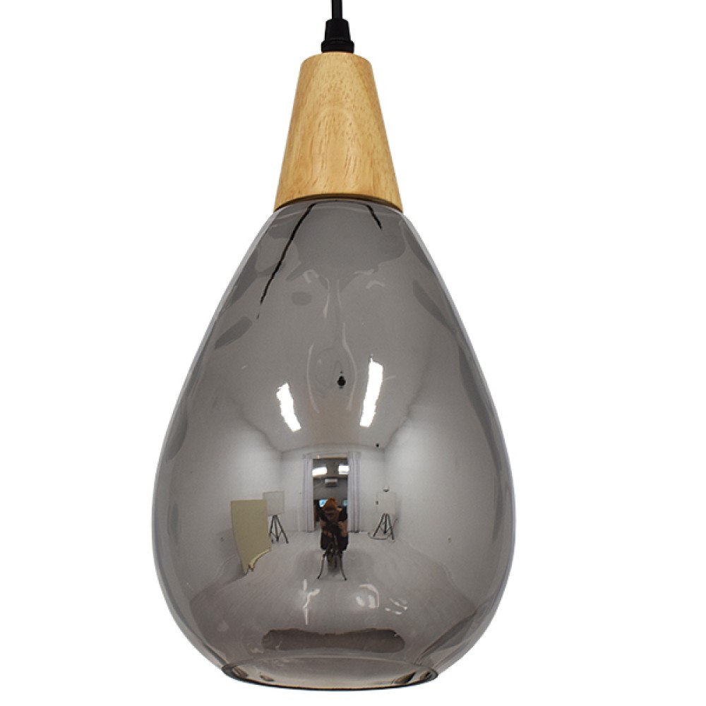 GloboStar® NOAH 01489 Μοντέρνο Κρεμαστό Φωτιστικό Ανάρτηση Μονόφωτο 1 x E27 IP20 Γκρι Γυαλί με Μπεζ Ξύλο - Μ16 x Π16 x Υ30cm