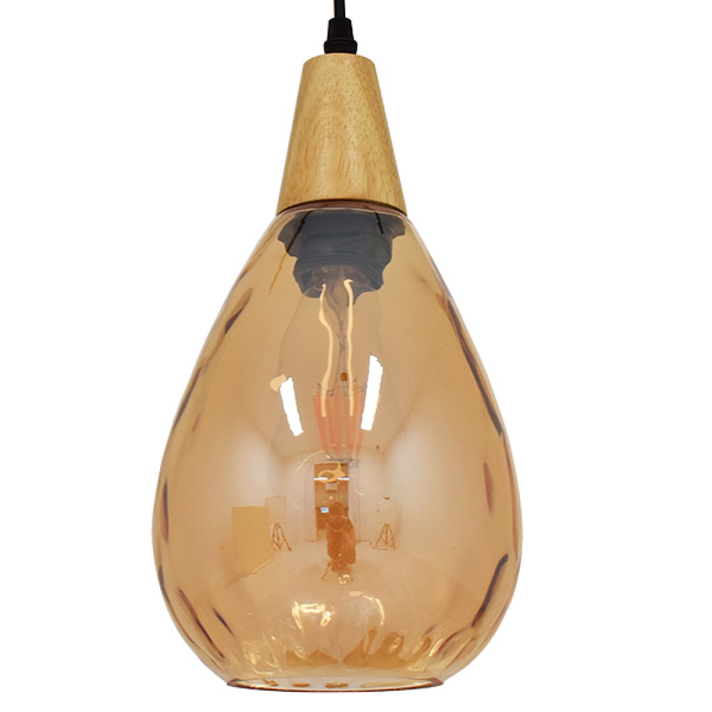 GloboStar® NOAH 01490 Μοντέρνο Κρεμαστό Φωτιστικό Ανάρτηση Μονόφωτο 1 x E27 IP20 Μελί Γυαλί με Μπεζ Ξύλο - Μ16 x Π16 x Υ30cm