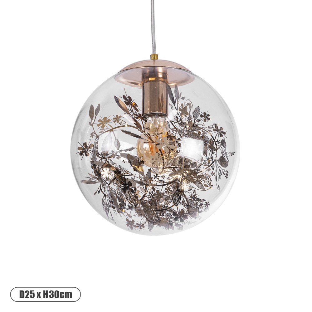 GloboStar® HARPER 01511 Μοντέρνο Κρεμαστό Φωτιστικό Μπάλα Μονόφωτο 1 x E27 IP20 Διάφανο Γυαλί με Χάλκινο Μέταλλο - Μ25 x Π25 x Υ30cm