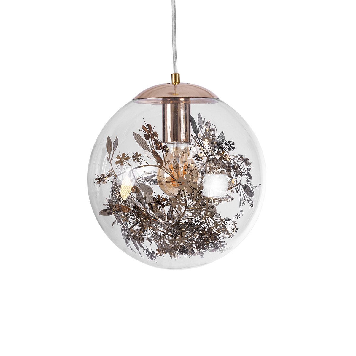 GloboStar® HARPER 01511 Μοντέρνο Κρεμαστό Φωτιστικό Μπάλα Μονόφωτο 1 x E27 IP20 Διάφανο Γυαλί με Χάλκινο Μέταλλο - Μ25 x Π25 x Υ30cm