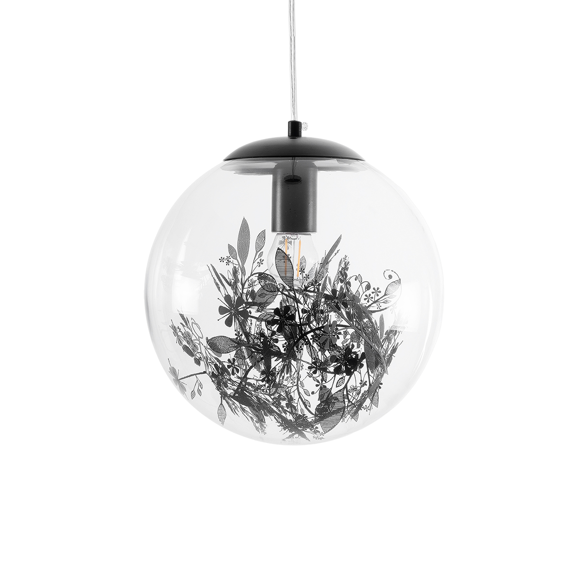 GloboStar® HARPER 01512 Μοντέρνο Κρεμαστό Φωτιστικό Μπάλα Μονόφωτο 1 x E27 IP20 Διάφανο Γυαλί με Μαύρο Μέταλλο - Μ25 x Π25 x Υ30cm