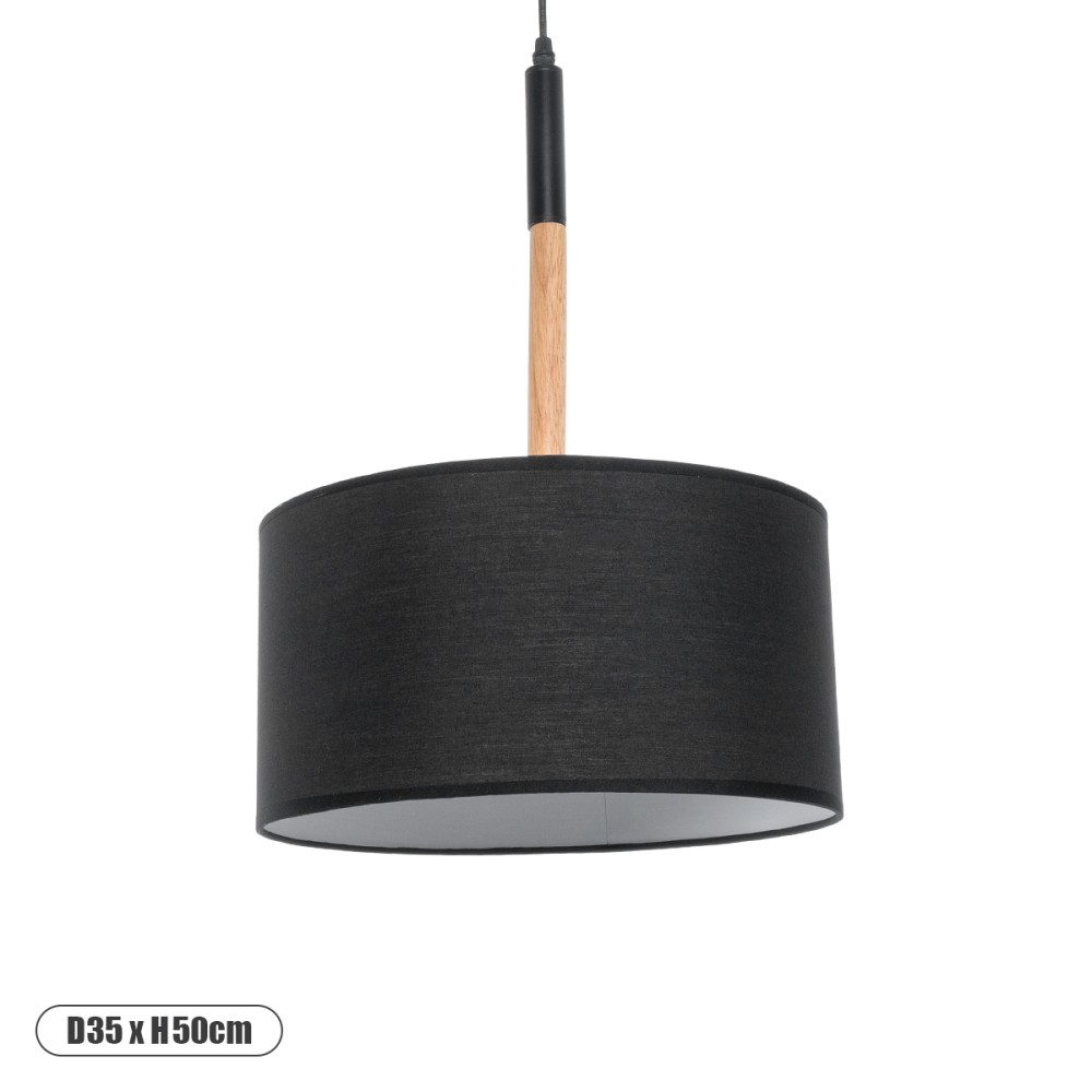 GloboStar® BRONX 01517 Μοντέρνο Κρεμαστό Φωτιστικό Καπέλο Μονόφωτο 1 x E27 IP20 Μαύρο Ύφασμα με Μπεζ Ξύλο - Μ35 x Π35 x Υ50cm