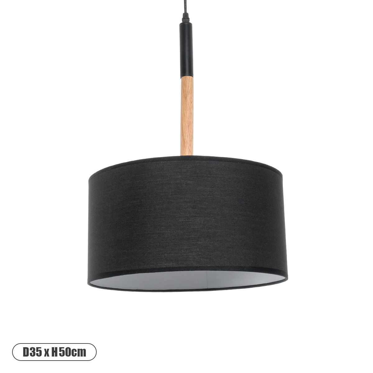 GloboStar® BRONX 01517 Μοντέρνο Κρεμαστό Φωτιστικό Καπέλο Μονόφωτο 1 x E27 IP20 Μαύρο Ύφασμα με Μπεζ Ξύλο - Μ35 x Π35 x Υ50cm